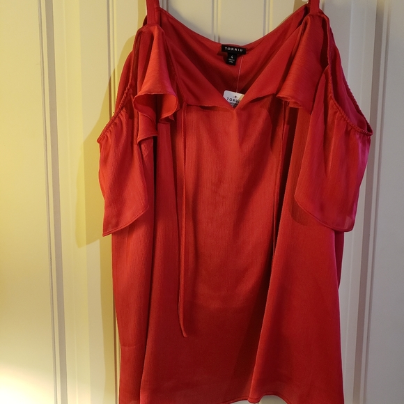 Red cold shoulder chiffon top - Picture 1 of 4